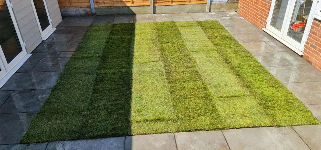 Turf laid beside a porcelain patio by DJG Groundworks