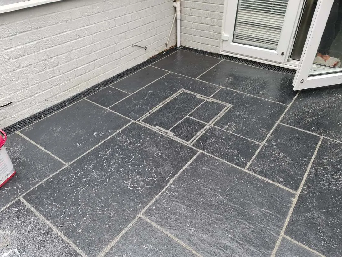 Slate patio with drainage channel by DJG Groundworks